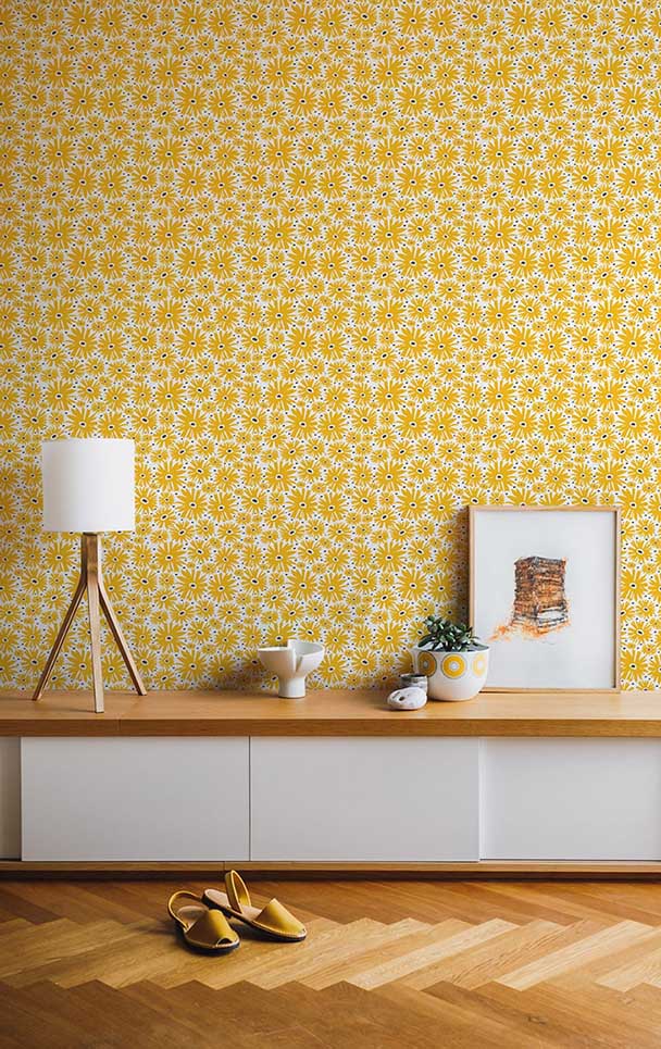 Yellow wallpaper by Layla Faye on living room wall